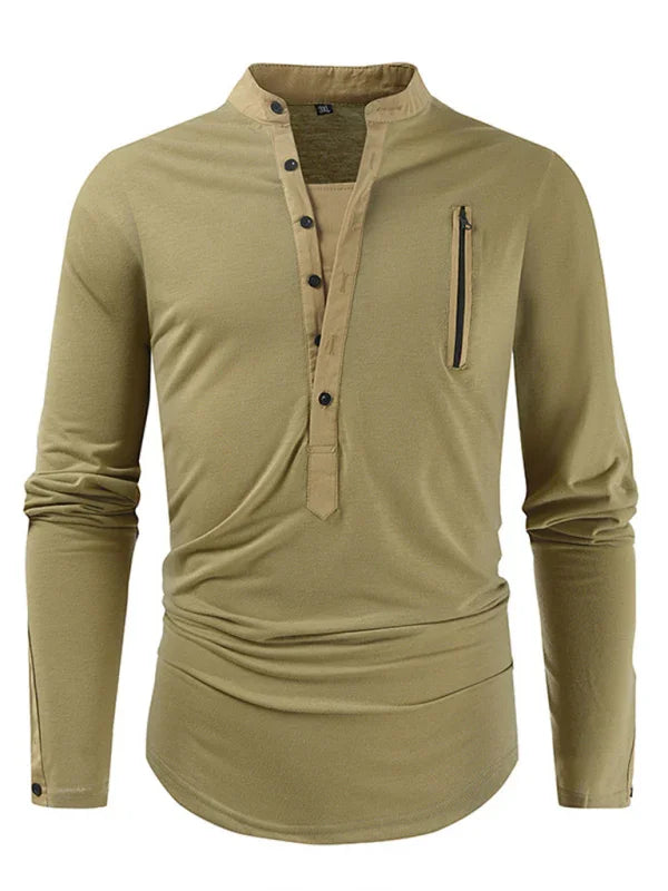 Men Henley Long-Sleeves T-Shirt – Breathable - Green, Beige -Guocali