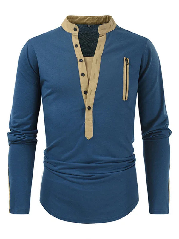 Men Henley Long-Sleeves T-Shirt – Breathable - Green, Beige -Guocali