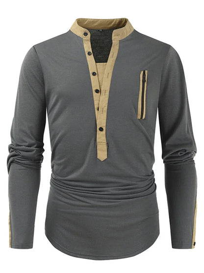 Men Henley Long-Sleeves T-Shirt – Breathable - Green, Beige -Guocali