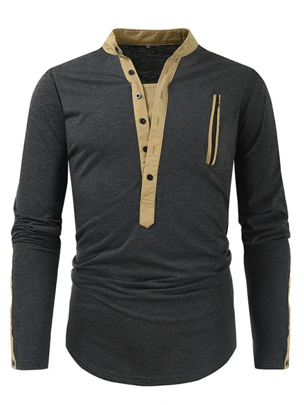 Men Henley Long-Sleeves T-Shirt – Breathable - Green, Beige -Guocali