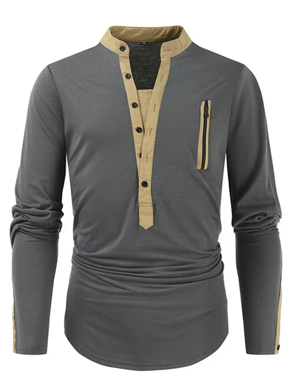 Men Henley Long-Sleeves T-Shirt – Breathable - Green, Beige -Guocali