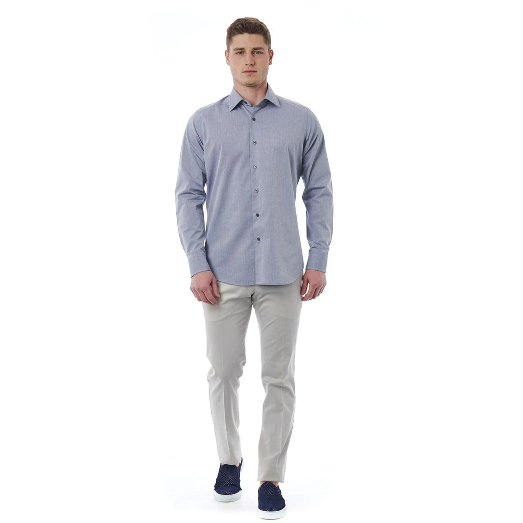 Men Long Sleeves Cotton Regular Fit Point Collar Dress Shirt – Stretchable - Blue -Guocali