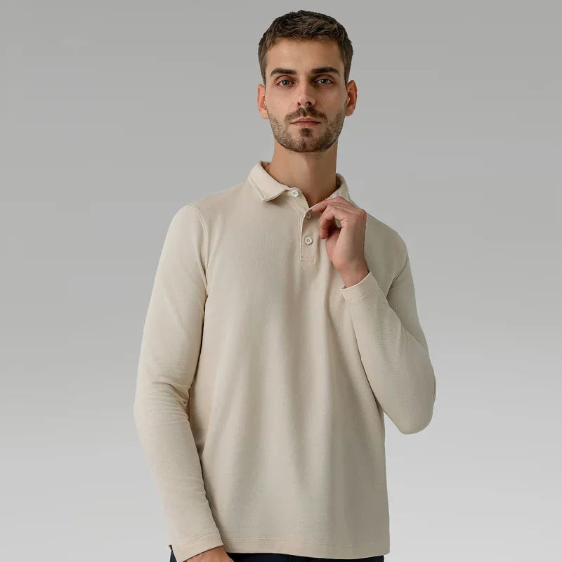Men Long Sleeves Cotton Regular Fit Polo Shirt – Stretchable - Beige -Guocali
