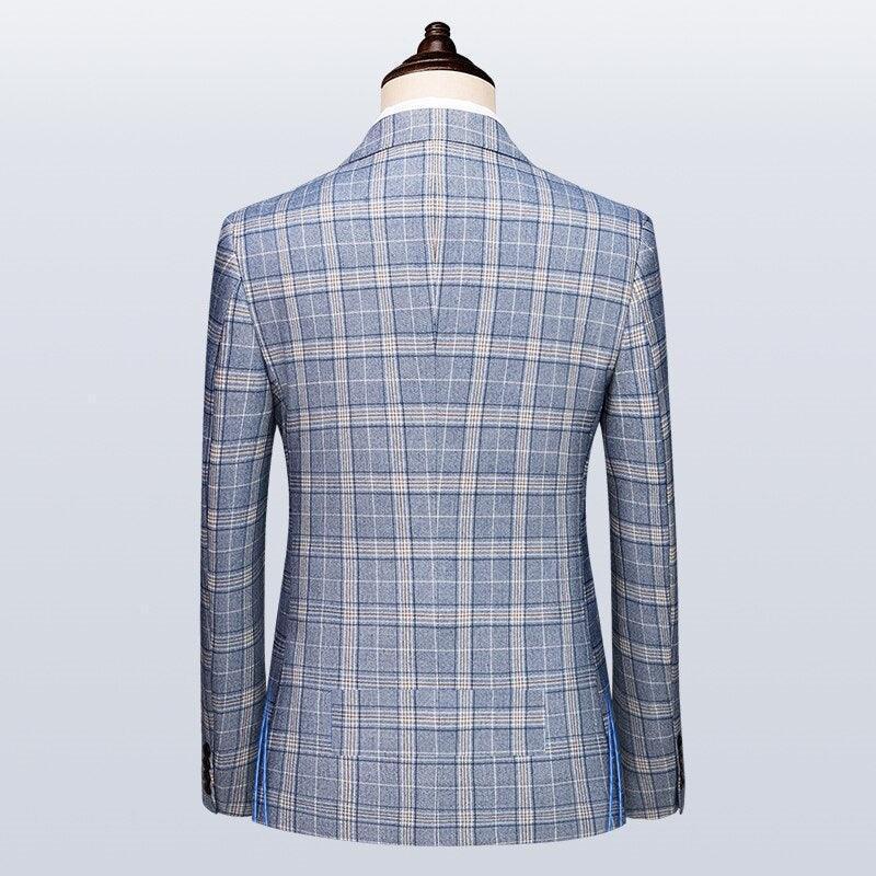 Men Suit - Blue-Grey Plaid Double-Breasted Suit - 3-Piece Suit - Guocali