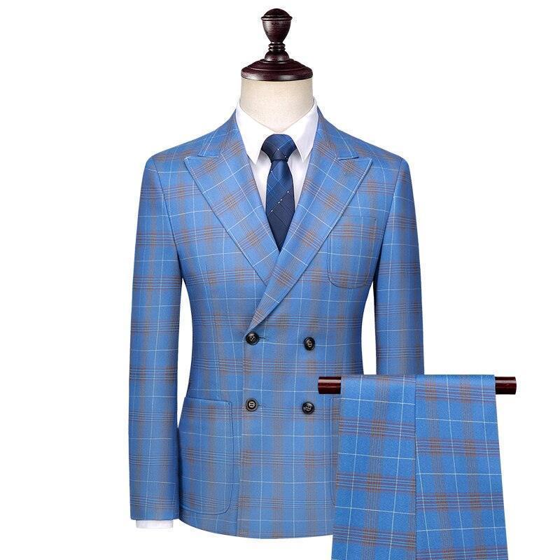 Men Suit - Blue Plaid Double-Breasted Suit - 3-Piece Suit - Guocali