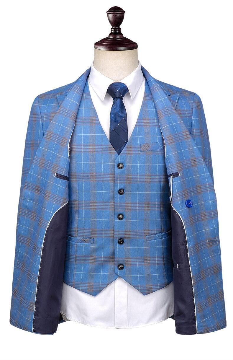 Men Suit - Blue Plaid Double-Breasted Suit - 3-Piece Suit - Guocali