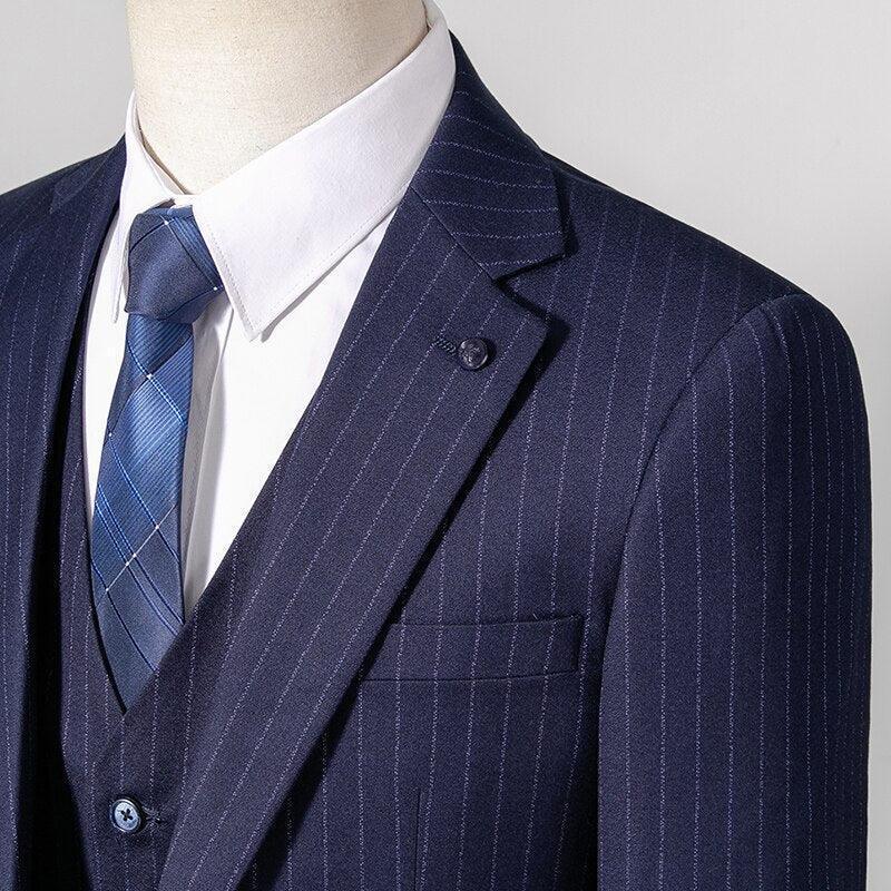 Men Suit - Navy Blue Striped 3-Piece Suit - 3-Piece Suit - Guocali