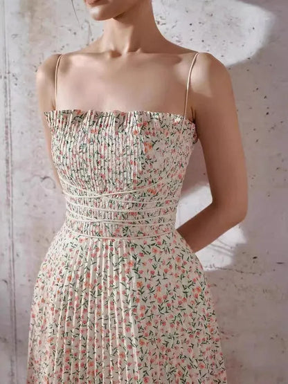 Mid-Length Pleated Print Waist Dress -Guocali