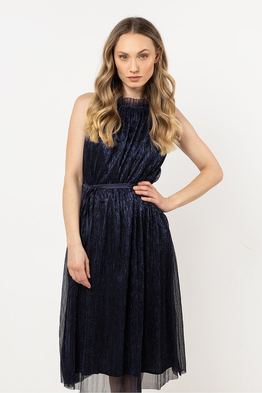 Midi Wedding Guest Dress – Halter Neck, A-Line, Tie Waist, Navy Blue – Daydress | GUOCALI