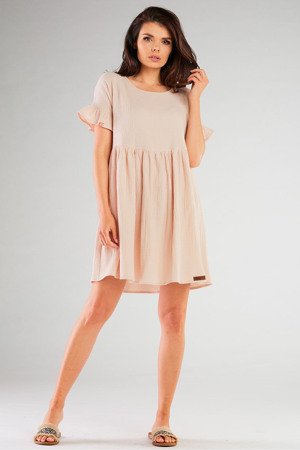 Mini Dress – Round Neck, Flutter Sleeves & Loose Flared Skirt – Daydress | GUOCALI