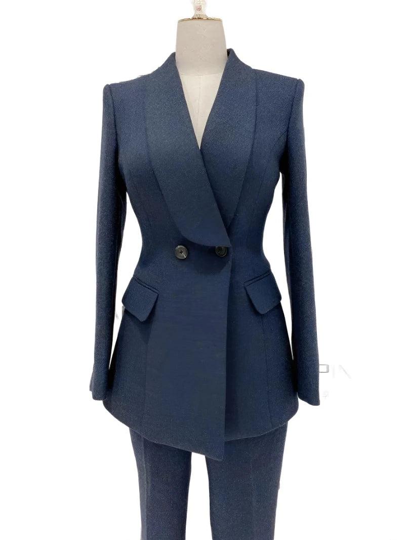 Navy Blue Double-Breasted Pant Suit - Woolen Trouser suit - Pantsuit - Guocali