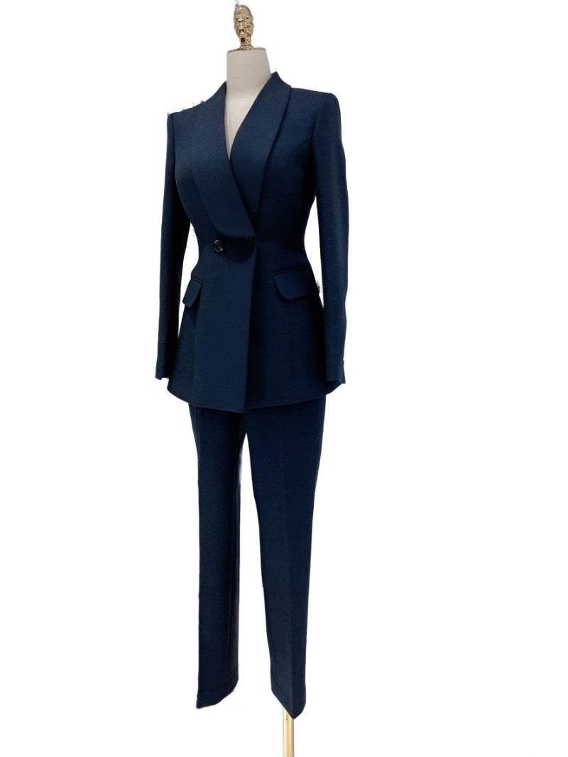 Navy Blue Double-Breasted Pant Suit - Woolen Trouser suit - Pantsuit - Guocali