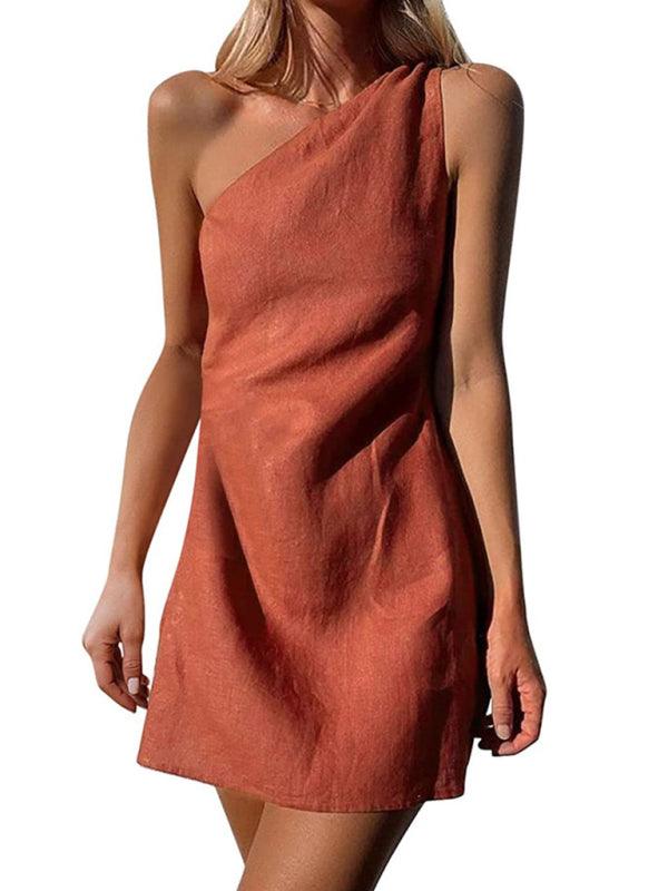 Casual Solid Color Slant Shoulder Dress