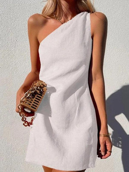 Casual Solid Color Slant Shoulder Dress