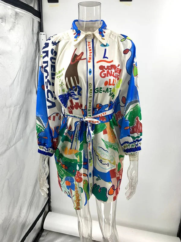 New Linen Casual Printed Shirt Cardigan Lace-Up Dress-Cardigan-GUOCALI