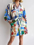 New Linen Casual Printed Shirt Cardigan Lace-Up Dress-Cardigan-GUOCALI