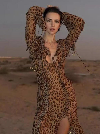 New Sexy Leopard Print Long Skirt With Ruffled Front Slit and Long Sleeves - - Guocali