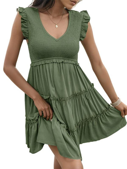 Solid V-Neck Ruffle Dress