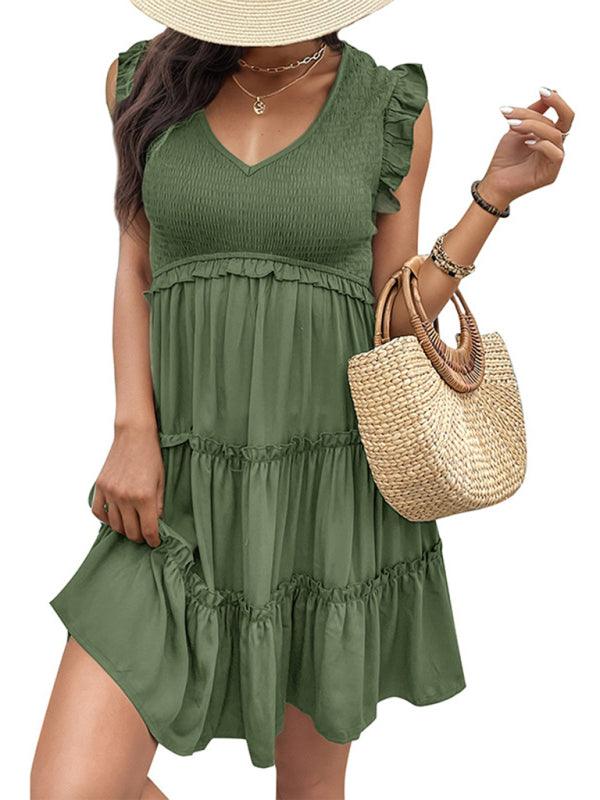 Solid V-Neck Ruffle Dress