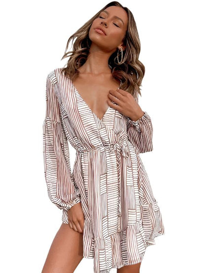 Striped V-Neck Waist Long-Sleeved Dress