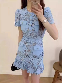 O-Neck Lace Button Party Dress - Guocali