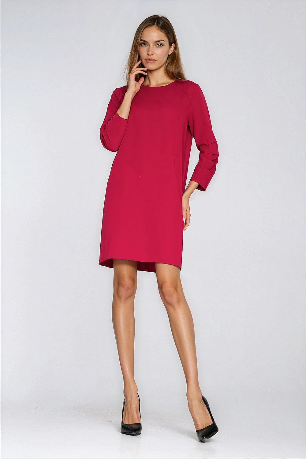 Office A-Line Dress – Round Neck, Three-Quarter Sleeves, Red – Daydress | GUOCALI