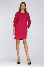 Office A-Line Dress – Round Neck, Three-Quarter Sleeves, Red – Daydress | GUOCALI – view 2