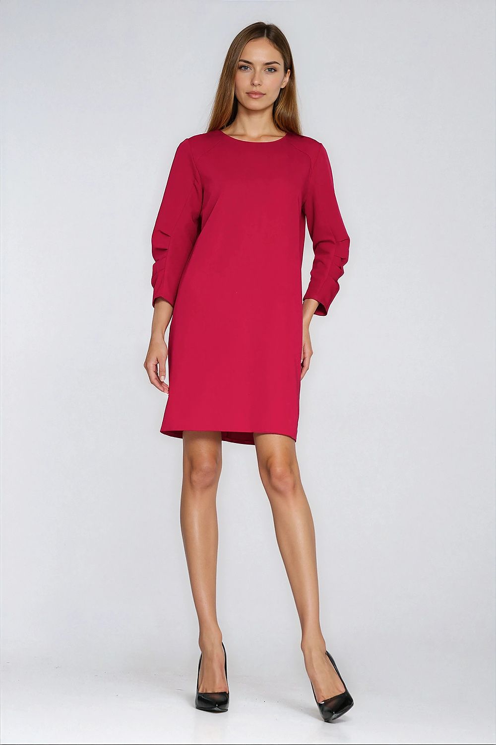 Office A-Line Dress – Round Neck, Three-Quarter Sleeves, Red – Daydress | GUOCALI – view 2