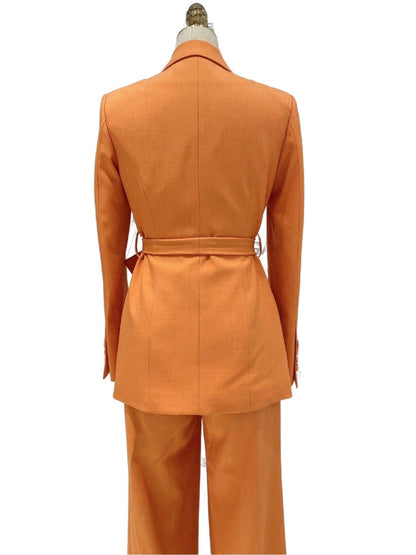 Orange Women Pant Suit - Wide Leg Belted Trouser Suit - Pantsuit - Guocali