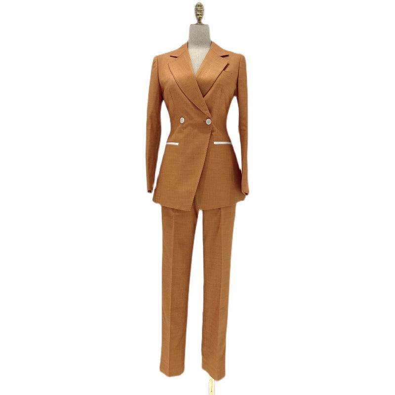 Orange Women Trouser Suit - Double Breasted Pantsuit - Pantsuit - Guocali