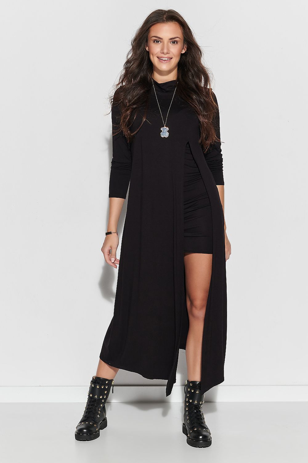 Party Mini Dress – Long Sleeves, Draped Design, Black – Daydress | GUOCALI