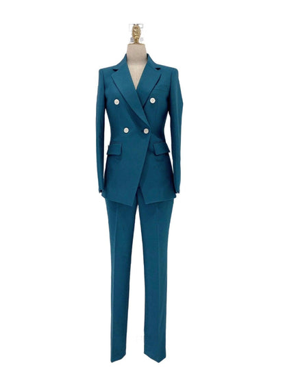 Peacock Blue Pant Suit - Women Two-Piece Trouser Suit - Pantsuit - Guocali