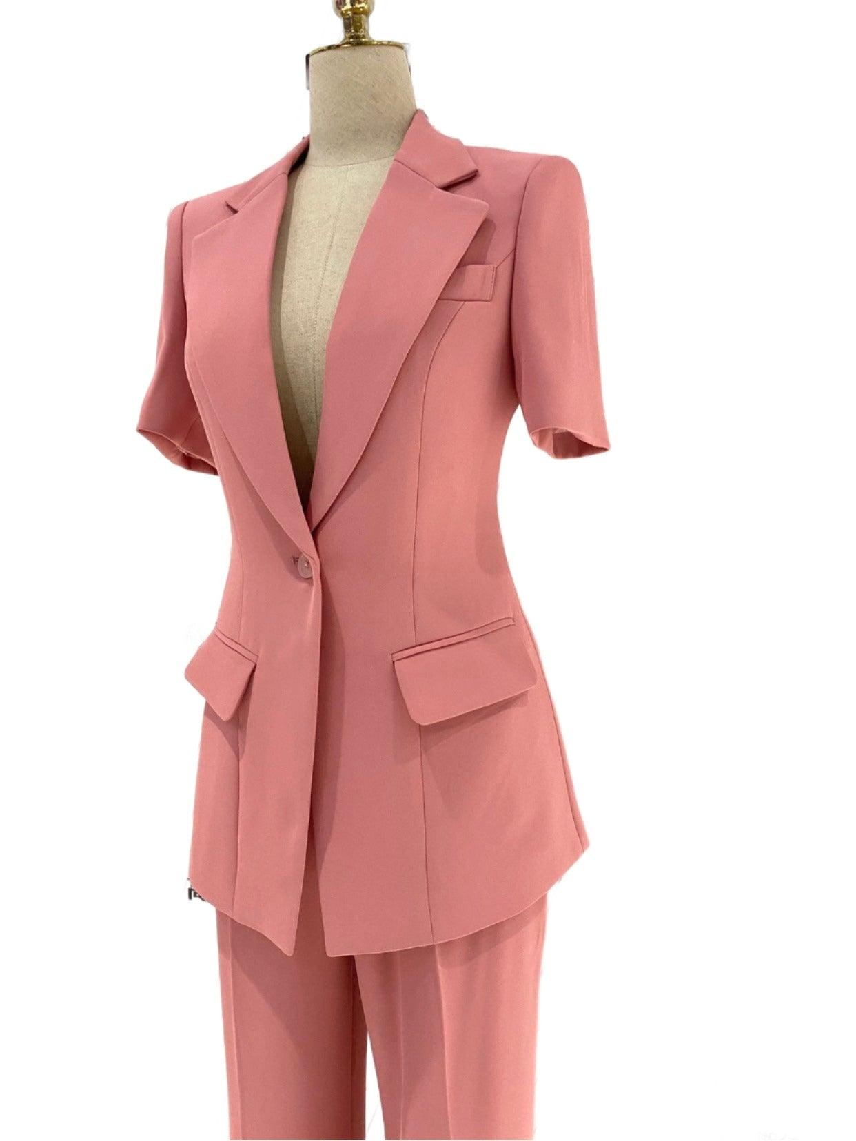 Pink Short-Sleeved Women Pant Suit, Thin Fabric Wide-Leg Pants - Pantsuit - Guocali