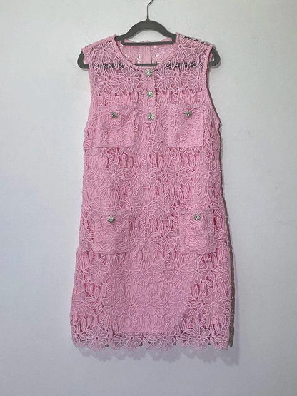 Pink Sleeveless Lace Dress - Short Dress - Guocali