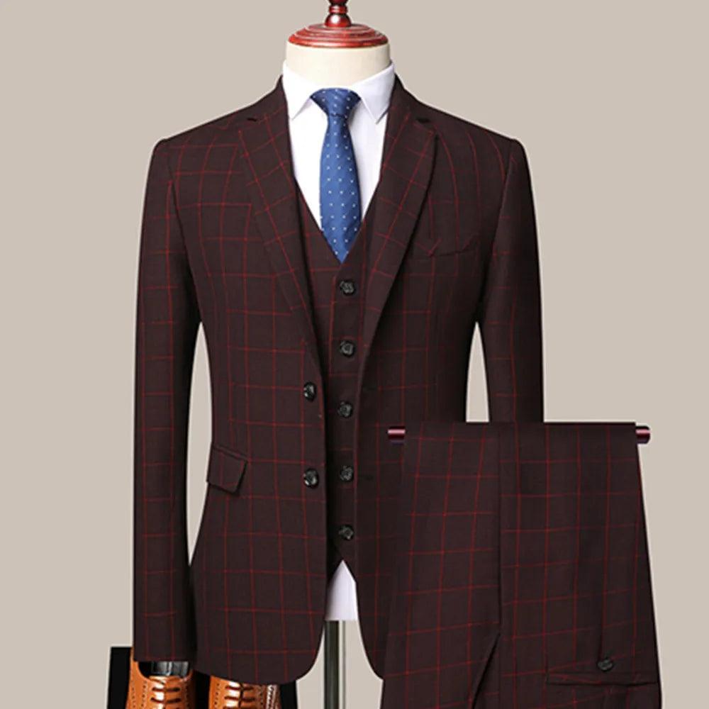 Plaid 3-Piece Men’s Suit - Business Style Elegance - 3-Piece Suit - Guocali