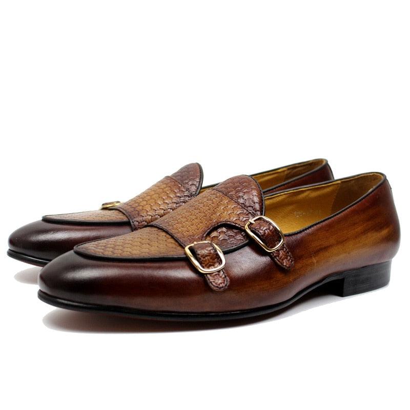 Plaid Monk Strap Leather Loafers - Men Shoes - Loafer Shoes - Guocali