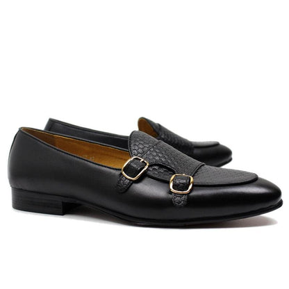 Plaid Monk Strap Leather Loafers - Men Shoes - Loafer Shoes - Guocali