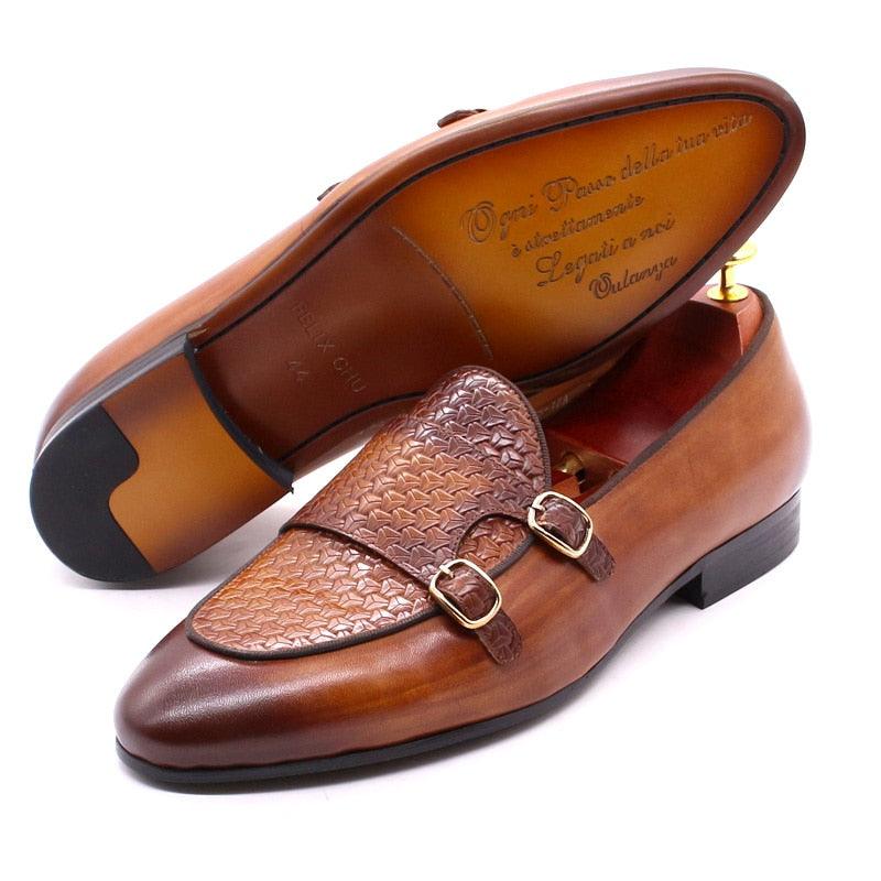 Plaid Monk Strap Leather Loafers - Men Shoes - Loafer Shoes - Guocali