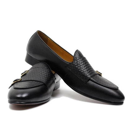 Plaid Monk Strap Leather Loafers - Men Shoes - Loafer Shoes - Guocali