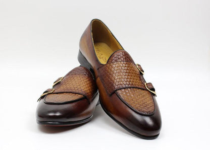 Plaid Monk Strap Leather Loafers - Men Shoes - Loafer Shoes - Guocali