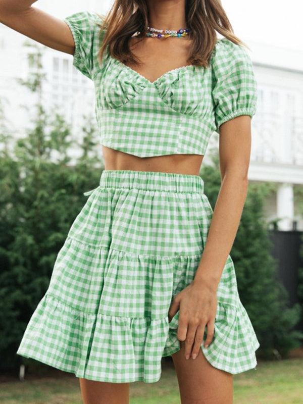 Plaid Top Backless Tie Skirt Set - Outfit Set - Guocali