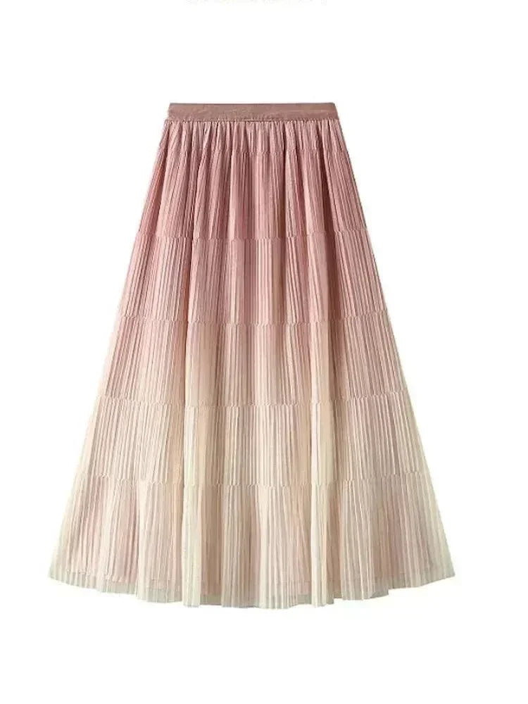 Pleated Skirt Women Gradient - A-Line Loose Midi Women Skirt