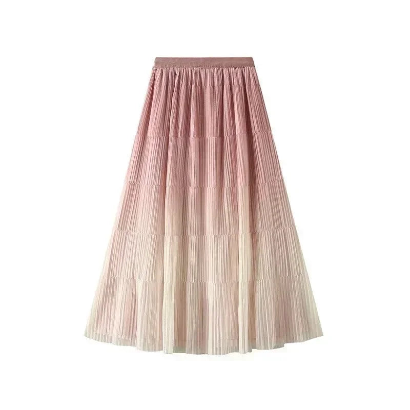 Pleated Skirt Women Gradient - A-Line Loose Midi Women Skirt