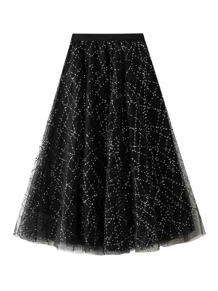Pleated Skirt Women Sequin Mesh - High Waist Maxi Women Skirt