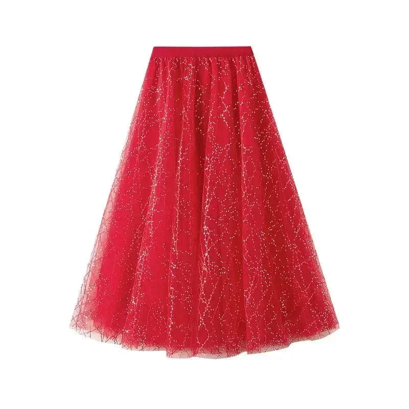 Pleated Skirt Women Sequin Mesh - High Waist Maxi Women Skirt
