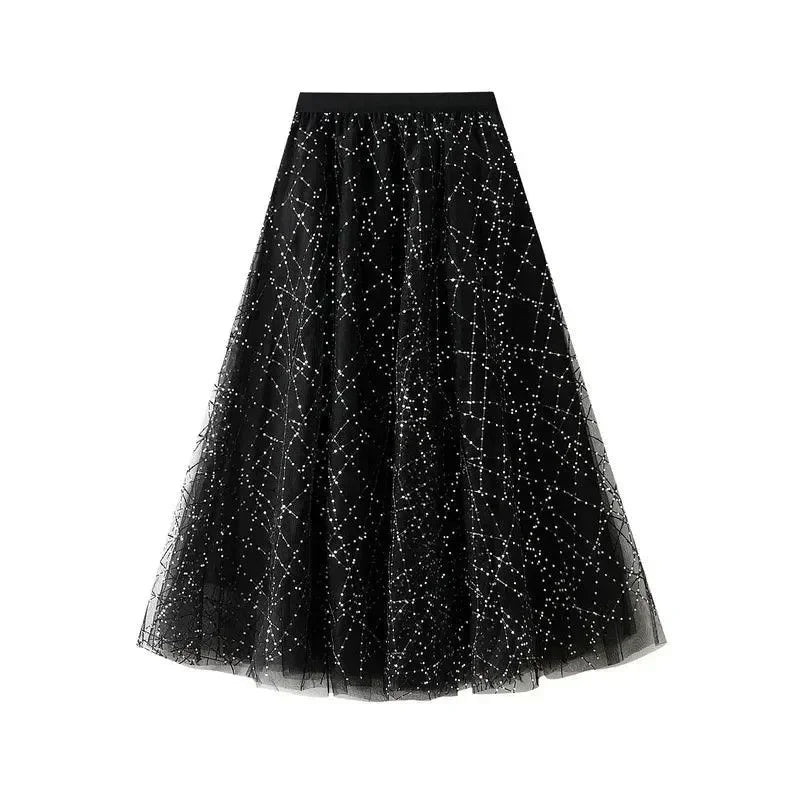 Pleated Skirt Women Sequin Mesh - High Waist Maxi Women Skirt