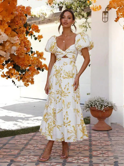 Printed Puff Sleeve Swing Summer Dress -Guocali