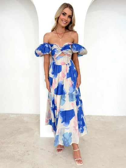 Printed Puff Sleeve Swing Summer Dress -Guocali
