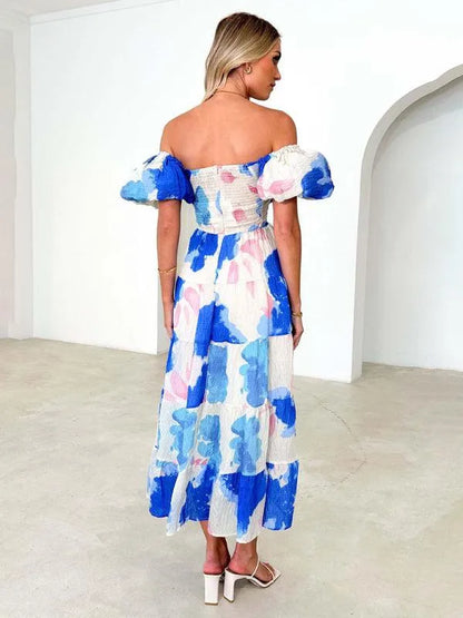 Printed Puff Sleeve Swing Summer Dress -Guocali