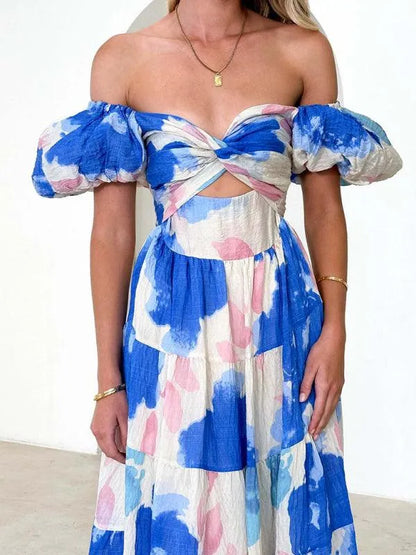 Printed Puff Sleeve Swing Summer Dress -Guocali
